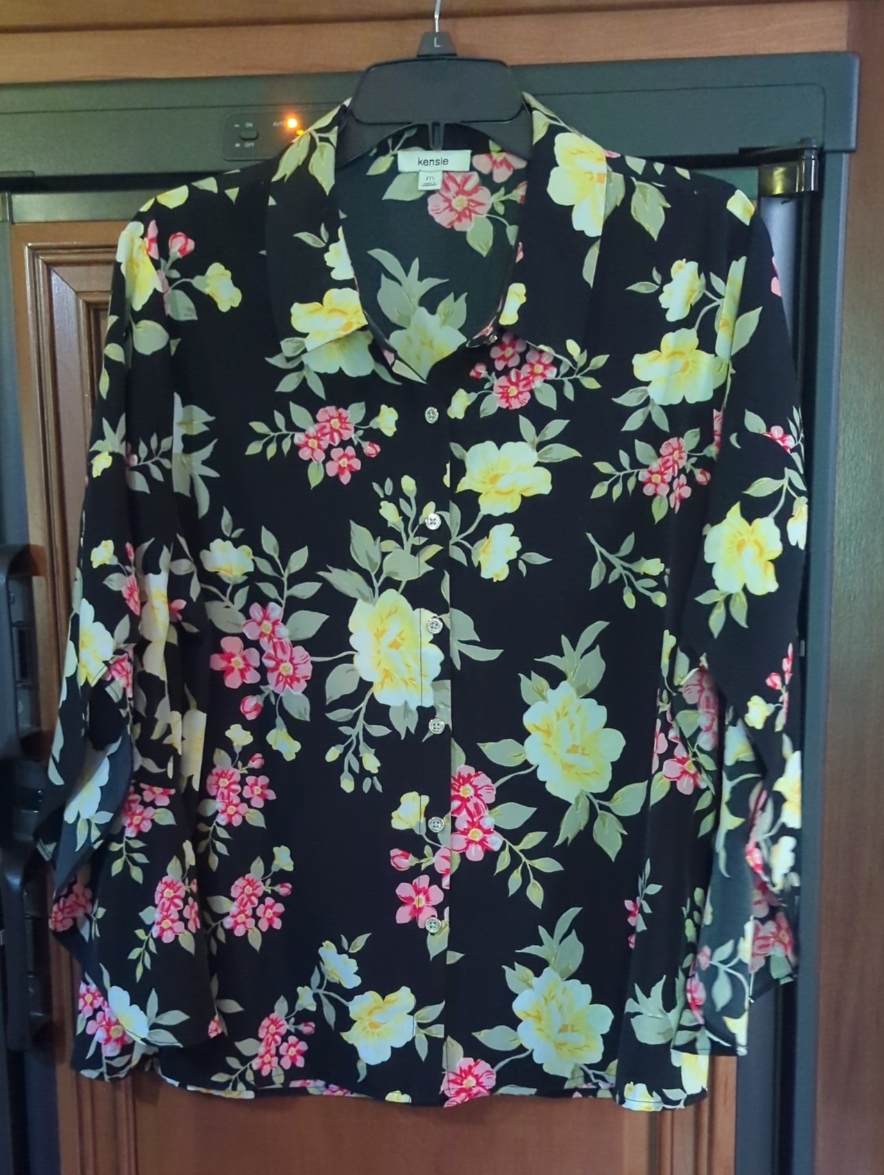 Kensie Black Floral Button-Up Blouse With Yellow & Pink Flowers